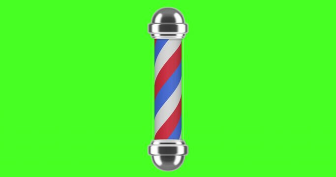 Rotating barbershop pole with shiny caps glowing isolated on a green background, 4k footage. Animated spiral pole.