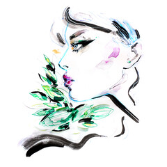Woman portrait with floral motives. Hand painted watercolor drawing. Fashion illustration.	 - 650125491