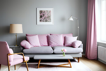 Grey sofa with soft pillows and lamp near big window with pink curtains in living room