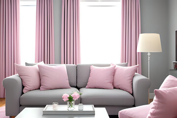 Grey sofa with soft pillows and lamp near big window with pink curtains in living room. 3d illustration
