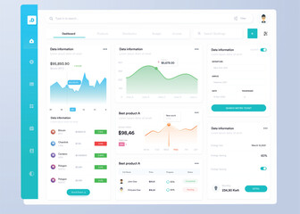 Infographic dashboard. UI design with graphs, charts and diagrams. Web interface template for business presentation.

