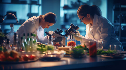 Food scientists are checking the quality of food in a lab. - obrazy, fototapety, plakaty