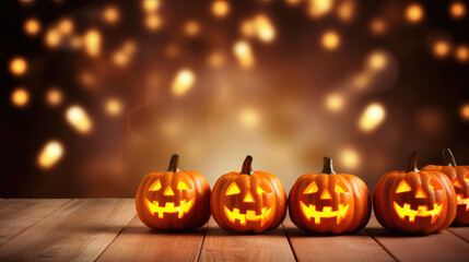 Fototapeta premium Halloween, orange pumpkins on a wooden table on a bokeh glowing background, copy space