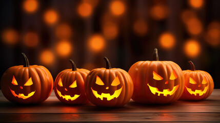 Halloween, orange pumpkins on a wooden table on a bokeh glowing background, copy space