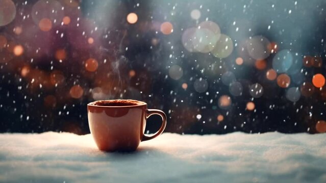 A cup of hot tea or chocolate on the windowsill. Christmas scenery. Seamless loop video. Ai generative