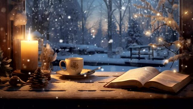 A cup of hot tea or chocolate on the windowsill. Christmas scenery. Seamless loop video. Ai generative
