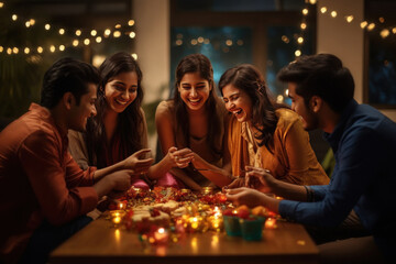 Young indians people group celebrating diwali festival.