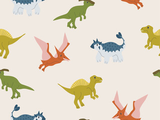 Cute kids seamless pattern with dinosaurs. Colorful baby print with wild animals. Funny children's background with dino. Creative vector illustration for textiles, wall art, parties. Boho style