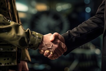 A soldier and a civilian shake hands - obrazy, fototapety, plakaty