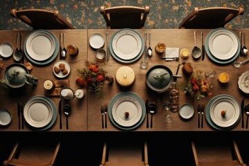 Dining table setting top view - obrazy, fototapety, plakaty