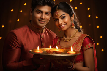 Indian couple holding diya in hand and celebrating diwali festival together