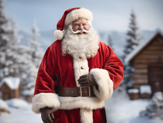 Santa Claus comes to visit children at christmas time. Santa at winter snowy forest delivering presents. Santa Claus walking a forest pine tree. Generative ai. - obrazy, fototapety, plakaty