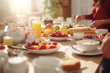Amidst the morning light, an array of breakfast delights graces the kitchen table, as an anonymous family shares a meal, their presence felt, faces unseen. - obrazy, fototapety, plakaty