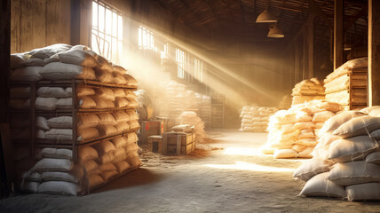 Sugar in a Warehouse. Bags of sugar. Large food warehouse with sugar sacks. Sugar factory. - obrazy, fototapety, plakaty