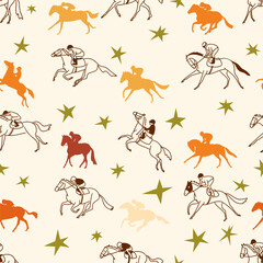 Seamless vector pattern on the theme of horse racing, jockeys, horses and their silhouettes