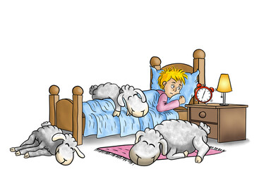 illustration of sheep sleeping on the bed of man woken up by alarm clock in the morning