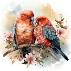 watercolor Lovebirds Ornament clipart, Generative Ai