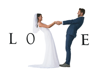 Wedding, love text and couple holding hands for celebration in studio isolated on a png transparent background. Happiness, man and woman in suit and dress making a v sign for romance or relationship