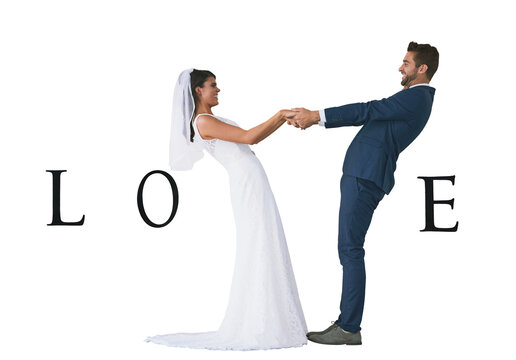 Wedding, love text and couple holding hands for celebration in studio isolated on a png transparent background. Happiness, man and woman in suit and dress making a v sign for romance or relationship