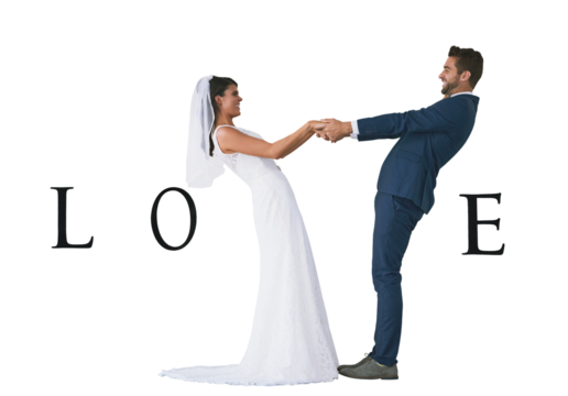 Wedding, love text and couple holding hands for celebration in studio isolated on a png transparent background. Happiness, man and woman in suit and dress making a v sign for romance or relationship
