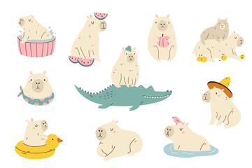 Set of cute and funny capybara characters in different actions.