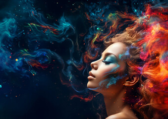 Beautiful fantasy abstract portrait of young woman With colorful digital paint splashes on empty...