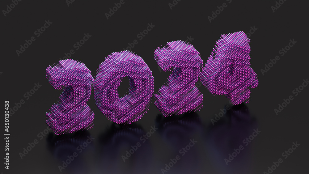 Poster 3d rendering of the new year's date 2024. a date made up of many particles. cubes, bricks or balls. 