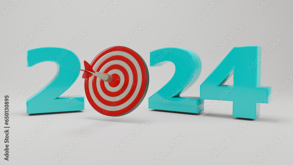 Poster 3d rendering of the new year's date 2024 and a sports target for darts and arrows. the dart hit the 