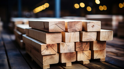 Wooden boards, lumber, industrial wood, timber. Pine wood timber in the warehouse. - obrazy, fototapety, plakaty