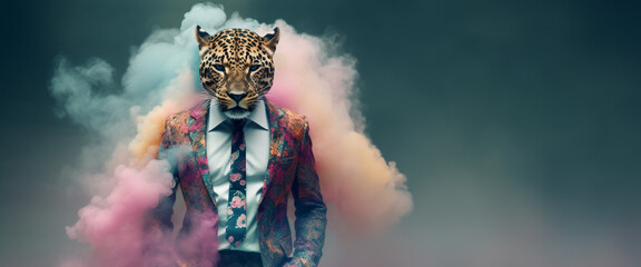 Front view of a tiger wearing a suit standing animated bur. AI Generative. - obrazy, fototapety, plakaty