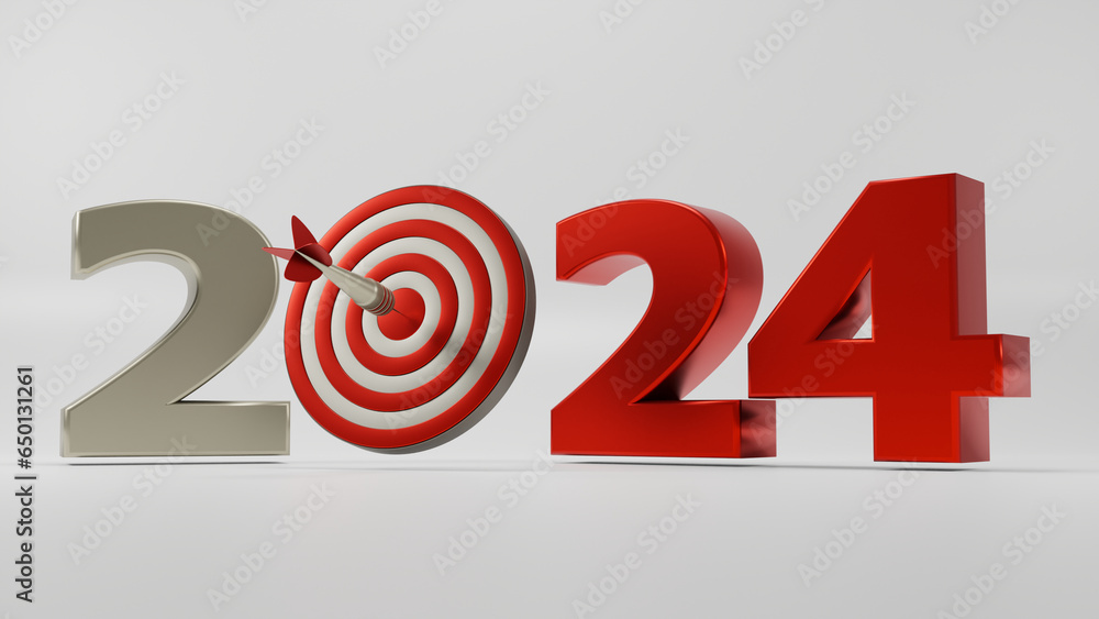 Poster 3d rendering of the new year's date 2024 and a sports target for darts and arrows. the dart hit the 