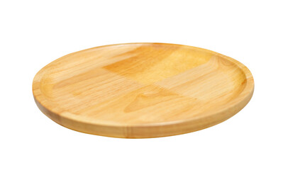 side view of new brown handmade circle wooden dish plate on transparent background