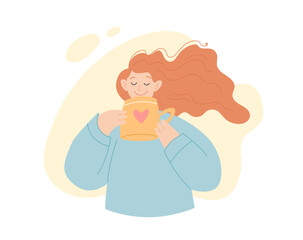 Cute girl holding a cup. Young positive female character, happiness and self love concept. Flat cartoon vector illustration.