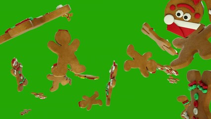 Christmas gingerbread cookies flying in slow motion, Green Screen Chromakey