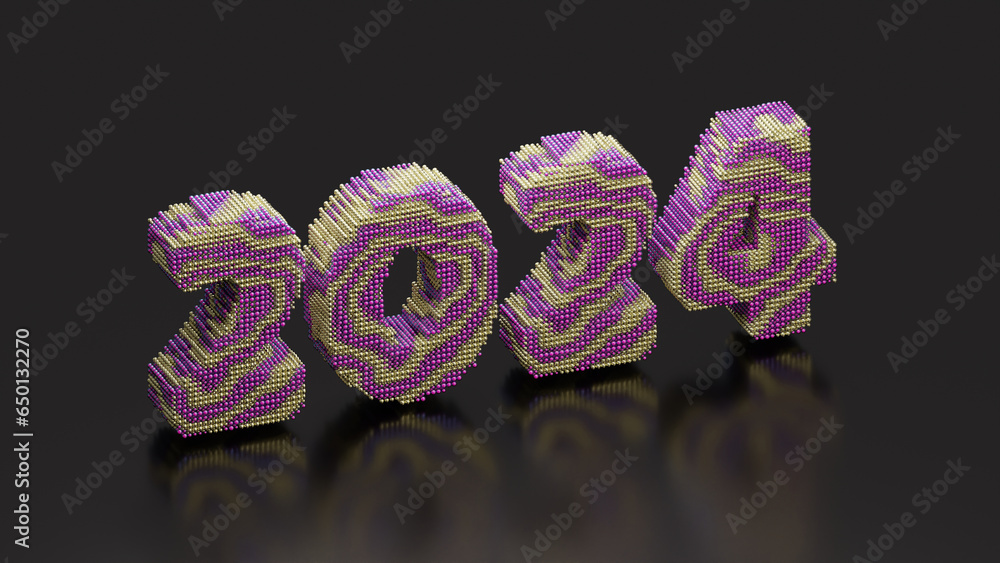 Poster 3d rendering of the new year's date 2024. a date made up of many particles. cubes, bricks or balls. 
