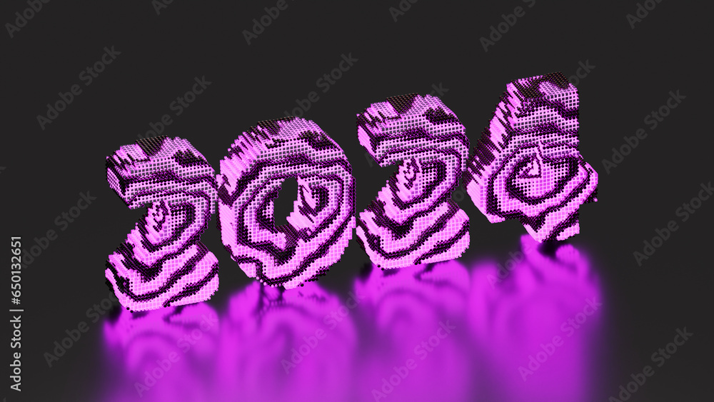 Poster 3d rendering of the new year's date 2024. a date made up of many particles. cubes, bricks or balls. 