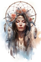 Woman close eyes with long hair flowers and dreamcatcher