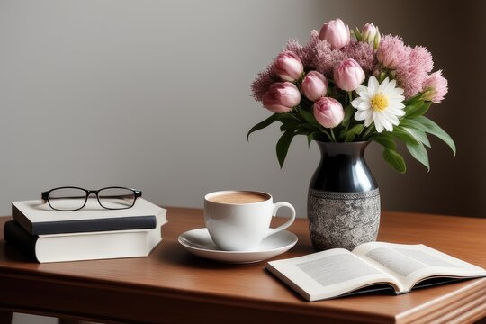 cup of coffee and book on table