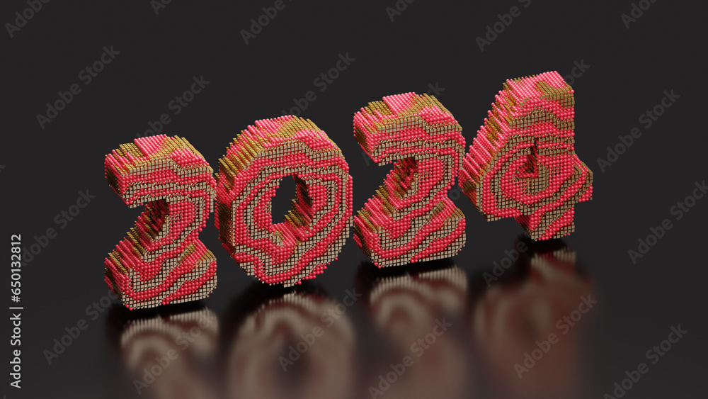Poster 3d rendering of the new year's date 2024. a date made up of many particles. cubes, bricks or balls. 