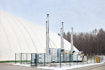 Inflatable air dome stadium. Inflated Football soccer air dome. Modern architecture example...
