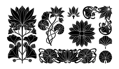 Floral lotus plant in art nouveau 1920-1930. Hand drawn silhouette in a with weaves of lines, leaves and flowers.