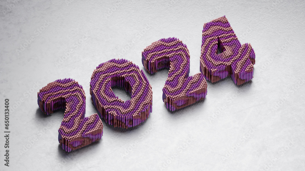 Poster 3d rendering of the new year's date 2024. a date made up of many particles. cubes, bricks or balls. 