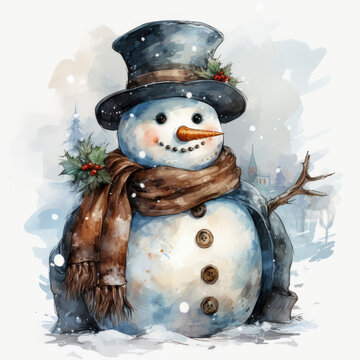 watercolor snowman wearing hat and scarf clip art preview