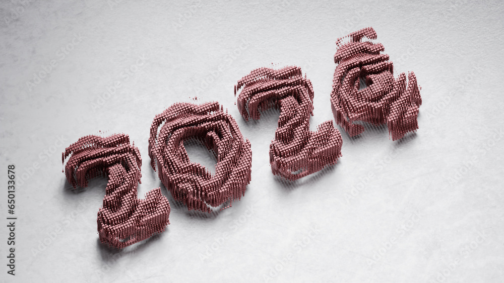 Poster 3d rendering of the new year's date 2024. a date made up of many particles. cubes, bricks or balls. 