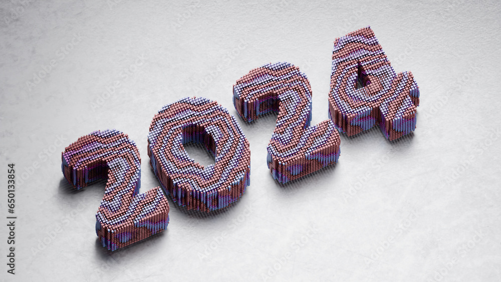 Poster 3d rendering of the new year's date 2024. a date made up of many particles. cubes, bricks or balls. 