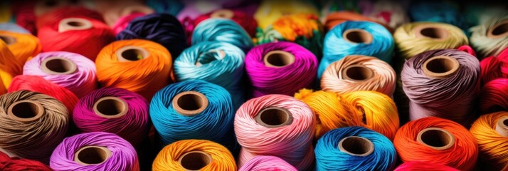 Fototapeta premium banner of colorful cotton craft threads.