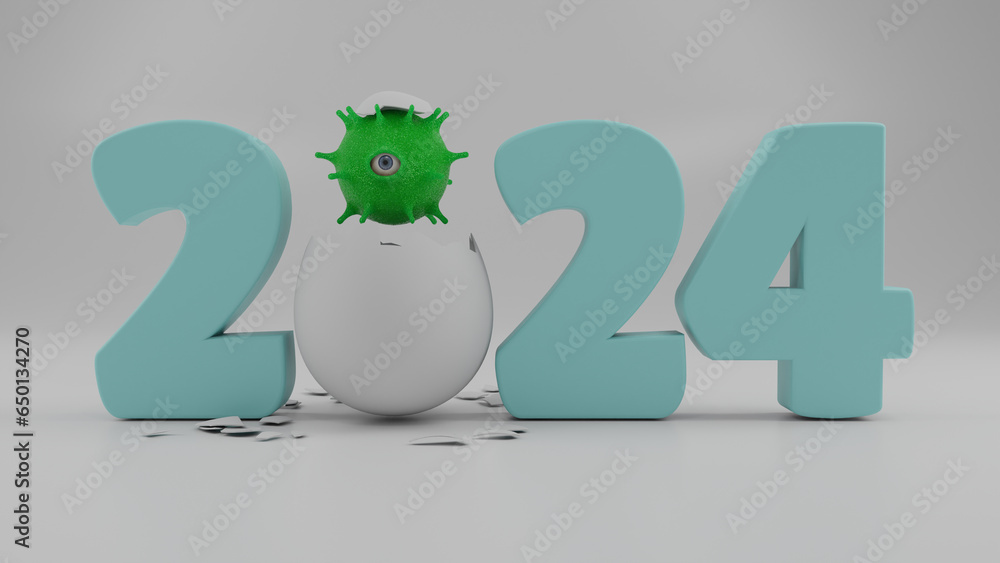 Poster 3d rendering of the date of the new year 2024 and the green one-eyed virus that hatched from an egg.