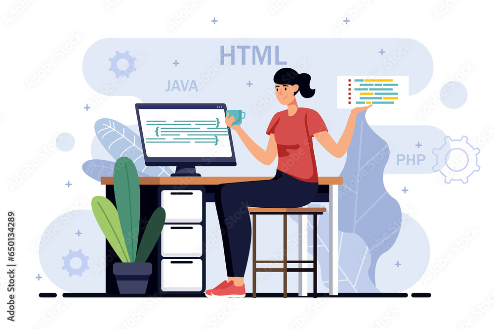 Poster programing software minimalistic concept with people scene in the flat cartoon style. programmer wor