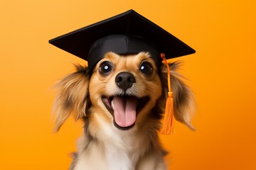 Happy dog with graduation cap on yellow background. Concept of education and learning. - obrazy, fototapety, plakaty