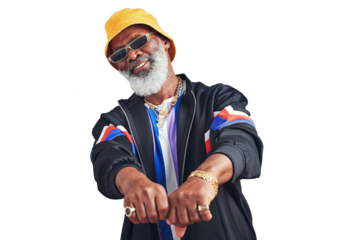 Portrait, retro and urban with a senior black man isolated on a transparent background for hip hop style. Fashion, sunglasses and attitude with an elderly person on PNG to gesture a fist emoji